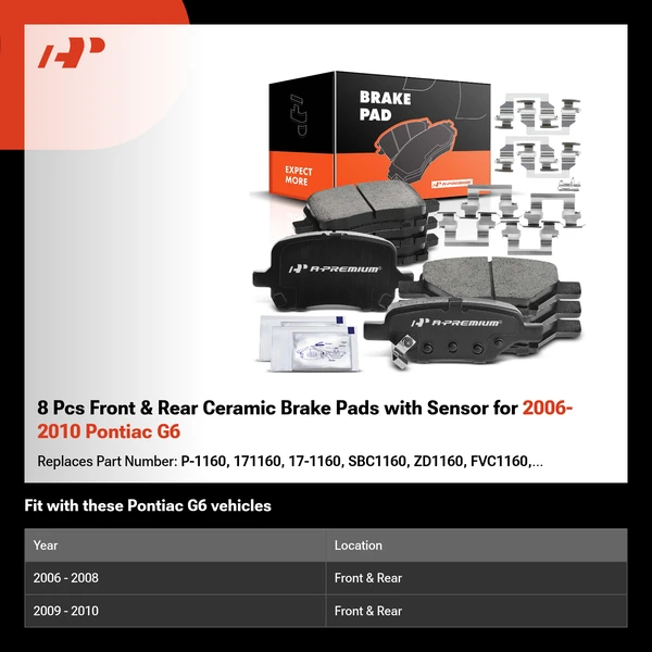 8 Pcs Front & Rear Ceramic Brake Pads with Sensor for 2006-2010 Pontiac G6