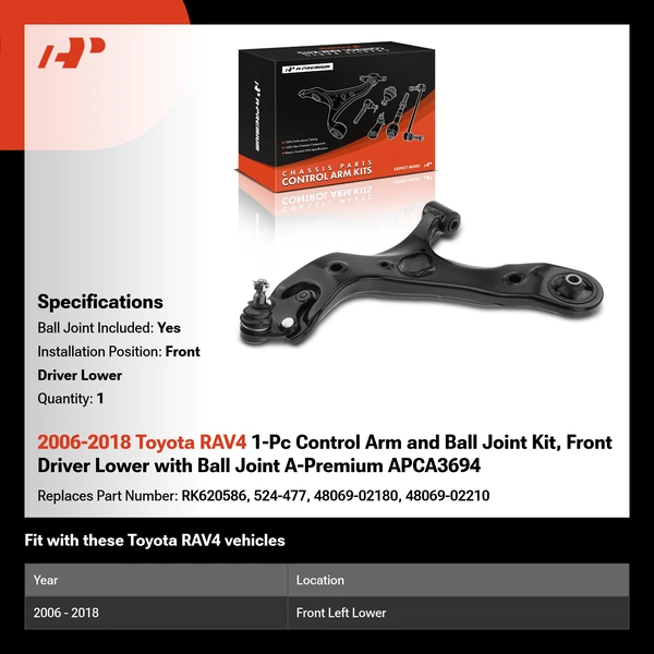2006-2018 Toyota RAV4 1-Pc Control Arm and Ball Joint Kit, Front Driver Lower with Ball Joint A-Premium APCA3694