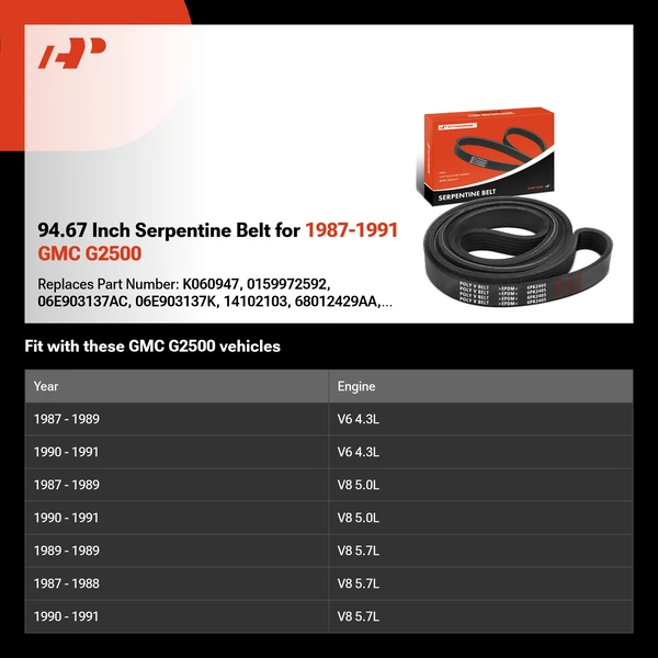 94.67 Inch Serpentine Belt for 1987-1991 GMC G2500