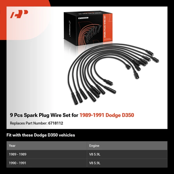 9 Pcs Spark Plug Wire Set for 1989-1991 Dodge D350