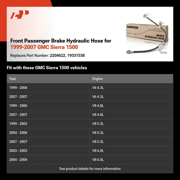 Front Passenger Brake Hydraulic Hose for 1999-2007 GMC Sierra 1500