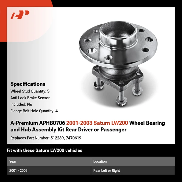A-Premium APHB0706 2001-2003 Saturn LW200 Wheel Bearing and Hub Assembly Kit Rear Driver or Passenger