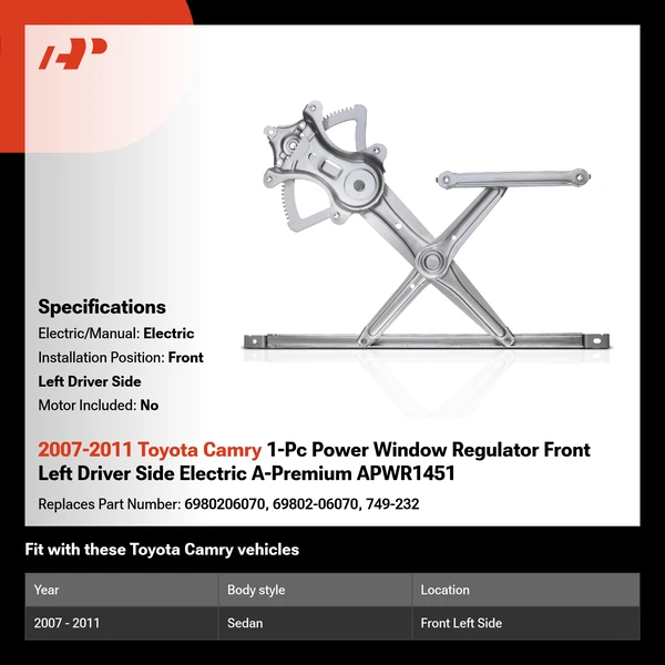 2007-2011 Toyota Camry 1-Pc Power Window Regulator Front Left Driver Side Electric A-Premium APWR1451