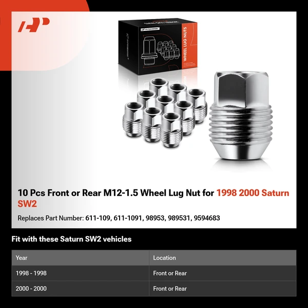 10 Pcs Front or Rear M12-1.5 Wheel Lug Nut for 1998 2000 Saturn SW2