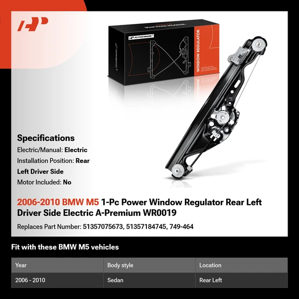 2006-2010 BMW M5 1-Pc Power Window Regulator Rear Left Driver Side Electric A-Premium WR0019