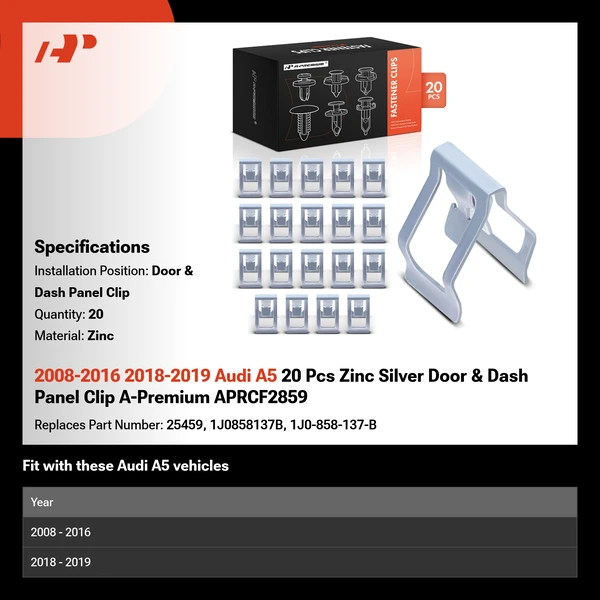 2008-2016 2018-2019 Audi A5 20 Pcs Zinc Silver Door & Dash Panel Clip A-Premium APRCF2859