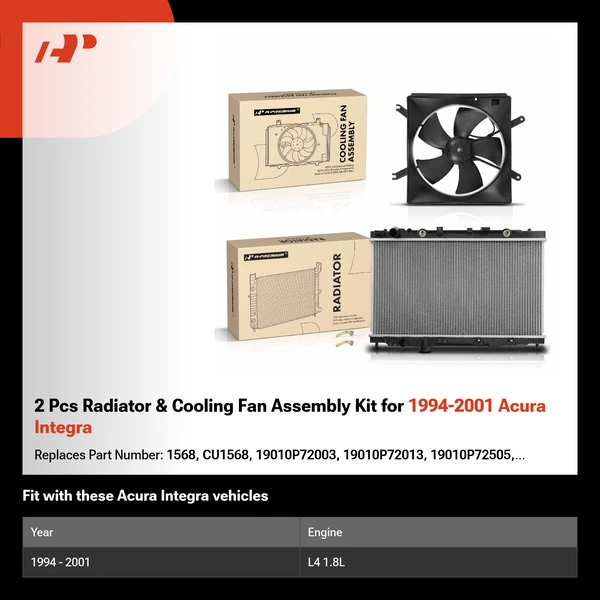 2 Pcs Radiator & Cooling Fan Assembly Kit for 1994-2001 Acura Integra