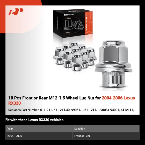 10 Pcs Front or Rear M12-1.5 Wheel Lug Nut for 2004-2006 Lexus RX330