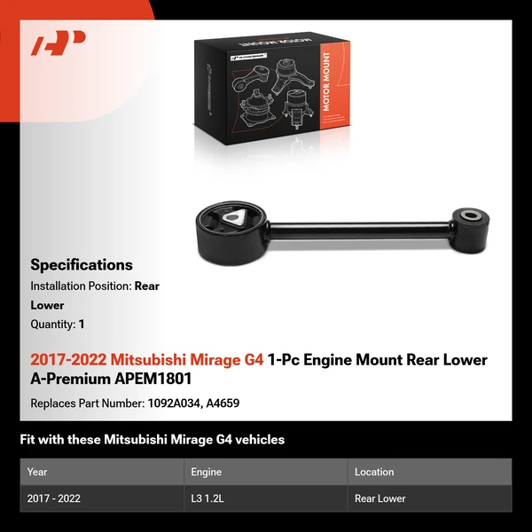 2017-2022 Mitsubishi Mirage G4 1-Pc Engine Mount Rear Lower A-Premium APEM1801