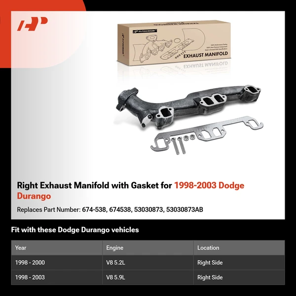 Right Exhaust Manifold with Gasket for 1998-2003 Dodge Durango