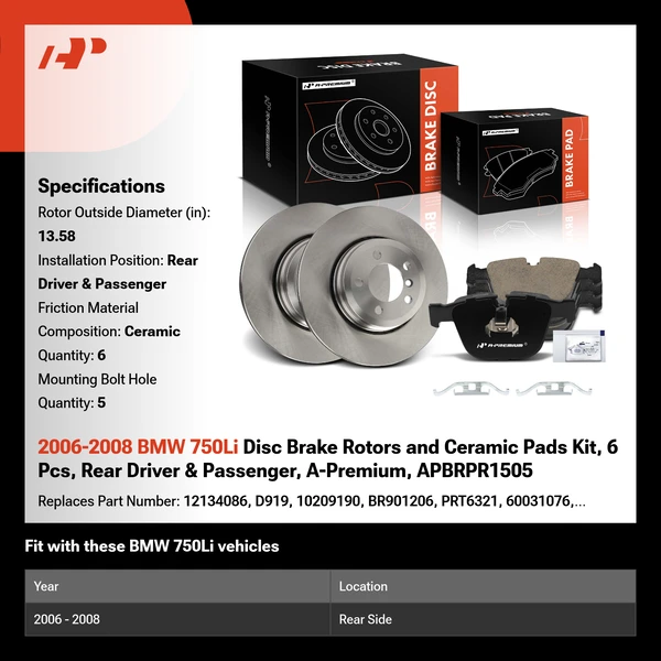 2006-2008 BMW 750Li Disc Brake Rotors and Ceramic Pads Kit, 6 Pcs, Rear Driver & Passenger, A-Premium, APBRPR1505