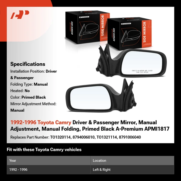 1992-1996 Toyota Camry Driver & Passenger Mirror, Manual Adjustment, Manual Folding, Primed Black A-Premium APMI1817