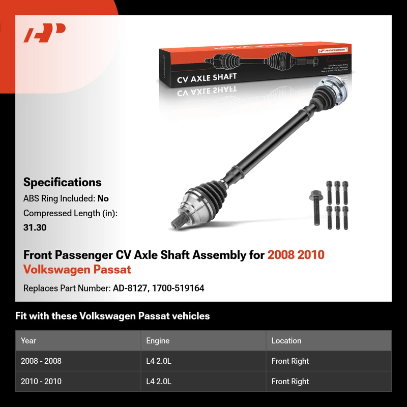 Front Passenger CV Axle Shaft Assembly for 2008 2010 Volkswagen Passat