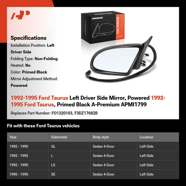 1992-1995 Ford Taurus Left Driver Side Mirror, Powered 1992-1995 Ford Taurus, Primed Black A-Premium APMI1799