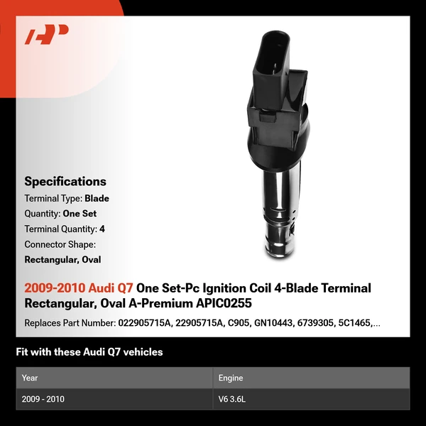 2009-2010 Audi Q7 One Set-Pc Ignition Coil 4-Blade Terminal Rectangular, Oval A-Premium APIC0255
