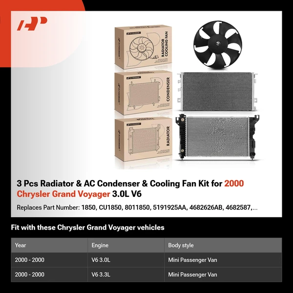 3 Pcs Radiator & AC Condenser & Cooling Fan Kit for 2000 Chrysler Grand Voyager 3.0L V6