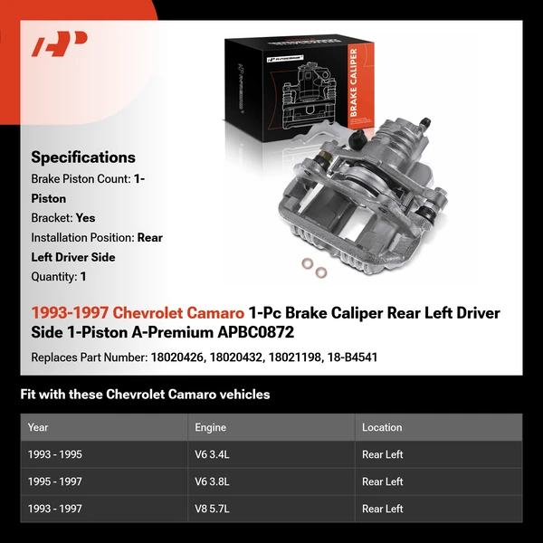 1993-1997 Chevrolet Camaro 1-Pc Brake Caliper Rear Left Driver Side 1-Piston A-Premium APBC0872