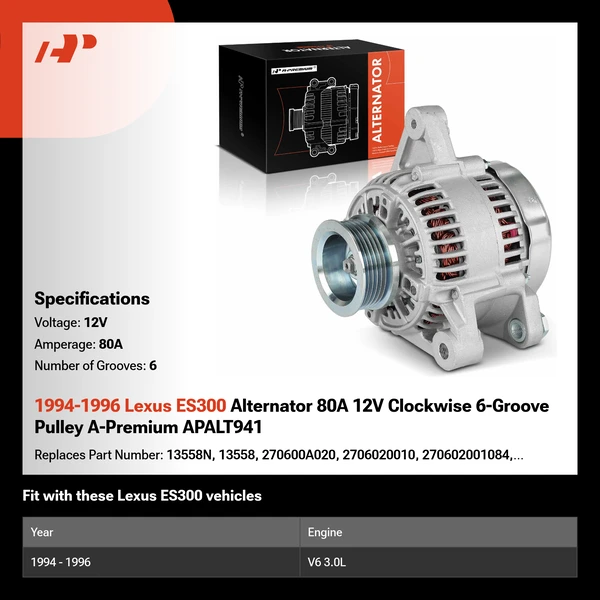 1994-1996 Lexus ES300 Alternator 80A 12V Clockwise 6-Groove Pulley A-Premium APALT941