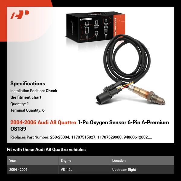 2004-2006 Audi A8 Quattro 1-Pc Oxygen Sensor 6-Pin A-Premium OS139