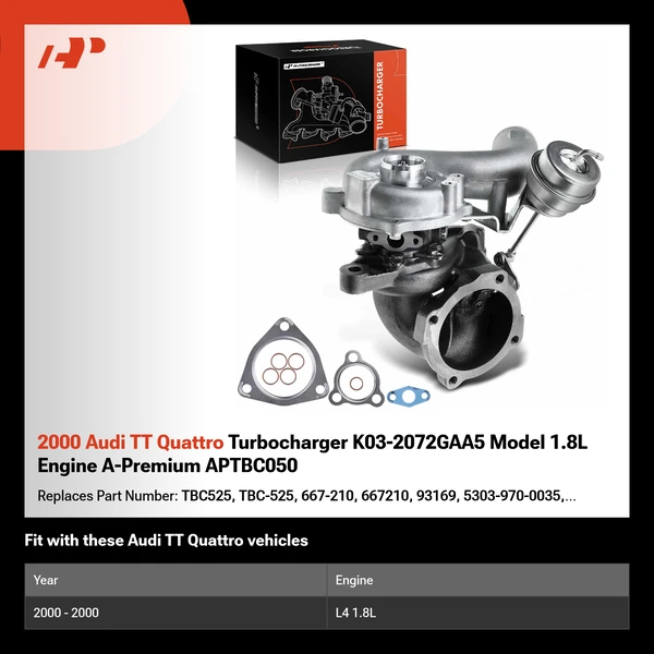 2000 Audi TT Quattro Turbocharger K03-2072GAA5 Model 1.8L Engine A-Premium APTBC050
