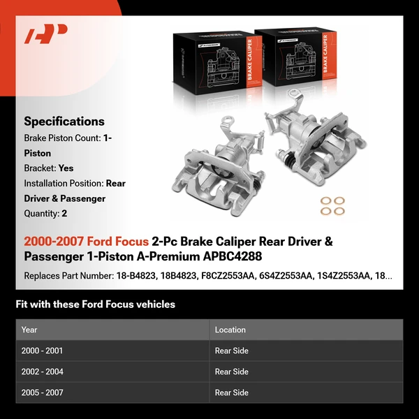 2000-2007 Ford Focus 2-Pc Brake Caliper Rear Driver & Passenger 1-Piston A-Premium APBC4288