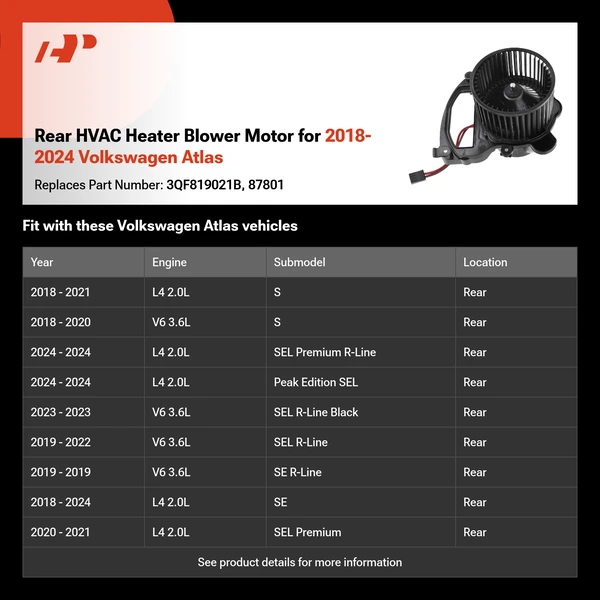 Rear HVAC Heater Blower Motor for 2018-2024 Volkswagen Atlas