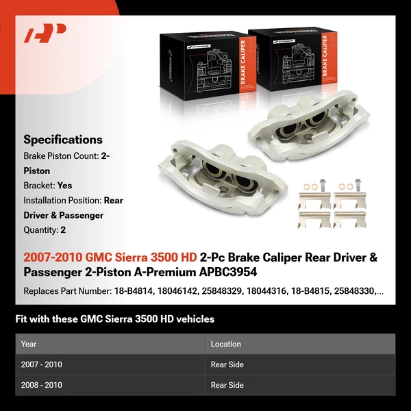 2007-2010 GMC Sierra 3500 HD 2-Pc Brake Caliper Rear Driver & Passenger 2-Piston A-Premium APBC3954