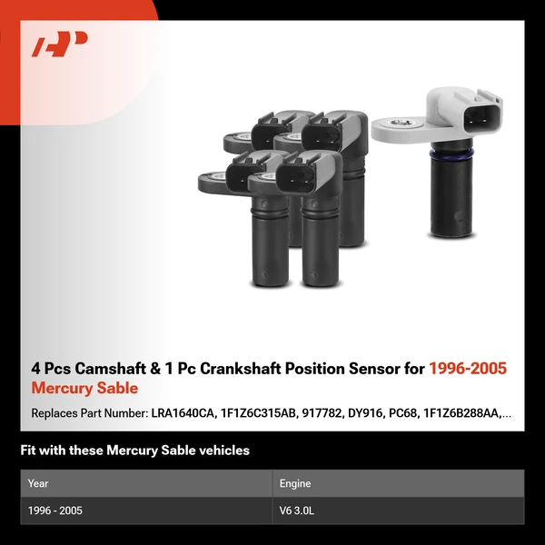 4 Pcs Camshaft & 1 Pc Crankshaft Position Sensor for 1996-2005 Mercury Sable