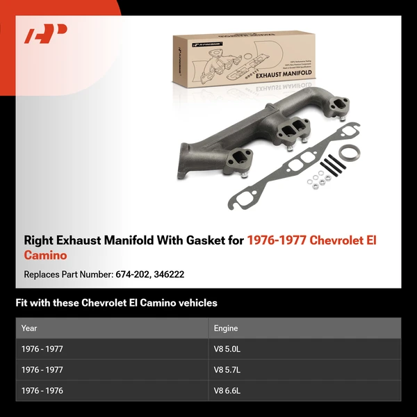 Right Exhaust Manifold With Gasket for 1976-1977 Chevrolet El Camino