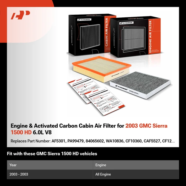Engine & Activated Carbon Cabin Air Filter for 2003 GMC Sierra 1500 HD 6.0L V8