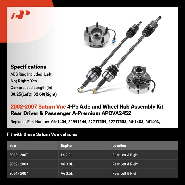 2002-2007 Saturn Vue 4-Pc Axle and Wheel Hub Assembly Kit Rear Driver & Passenger A-Premium APCVA2452