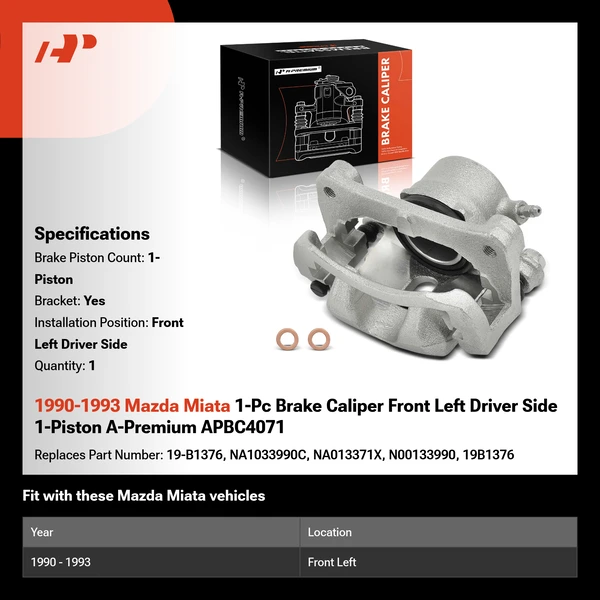 1990-1993 Mazda Miata 1-Pc Brake Caliper Front Left Driver Side 1-Piston A-Premium APBC4071