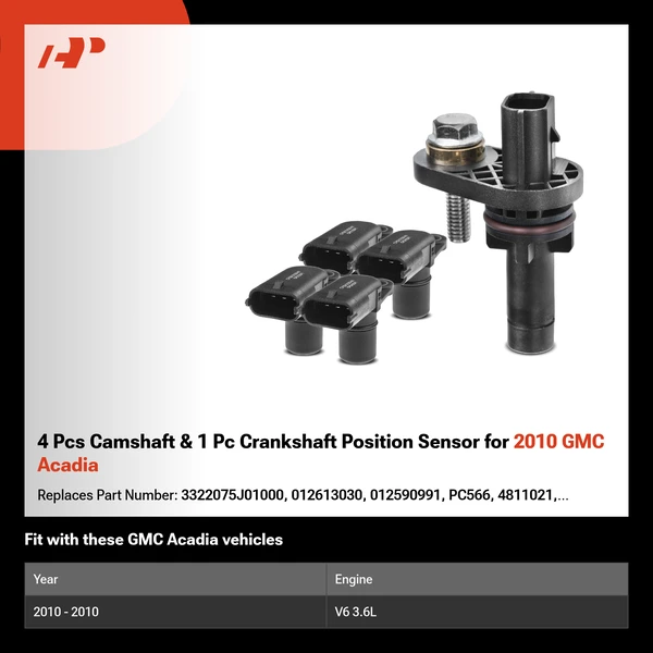 4 Pcs Camshaft & 1 Pc Crankshaft Position Sensor for 2010 GMC Acadia