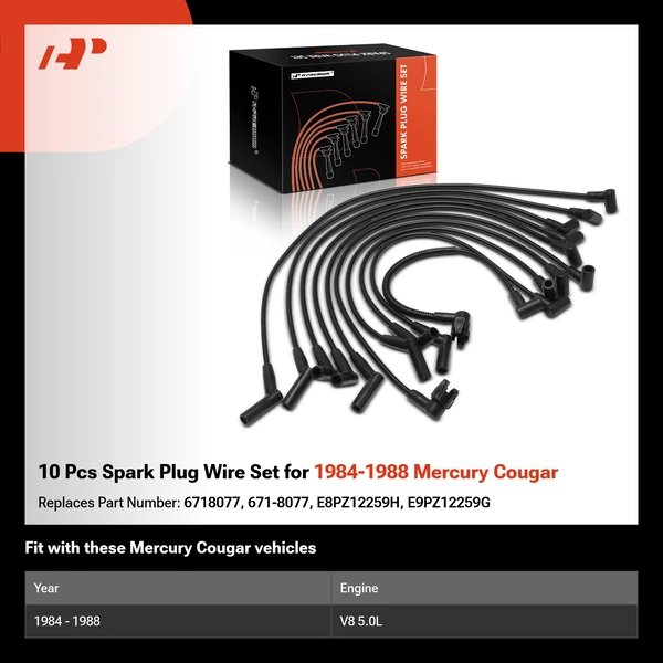 10 Pcs Spark Plug Wire Set for 1984-1988 Mercury Cougar