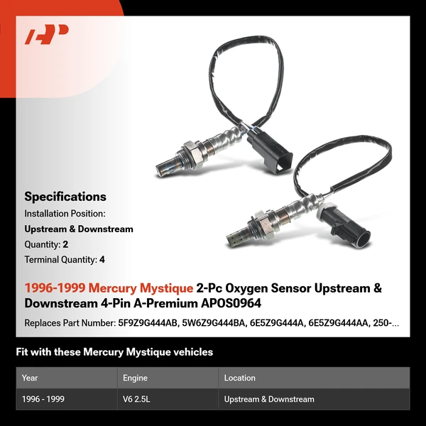 1996-1999 Mercury Mystique 2-Pc Oxygen Sensor Upstream & Downstream 4-Pin A-Premium APOS0964