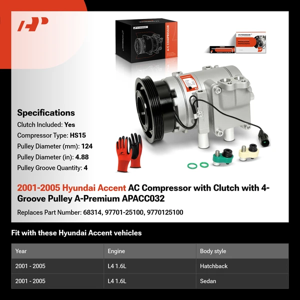 2001-2005 Hyundai Accent AC Compressor with Clutch with 4-Groove Pulley A-Premium APACC032