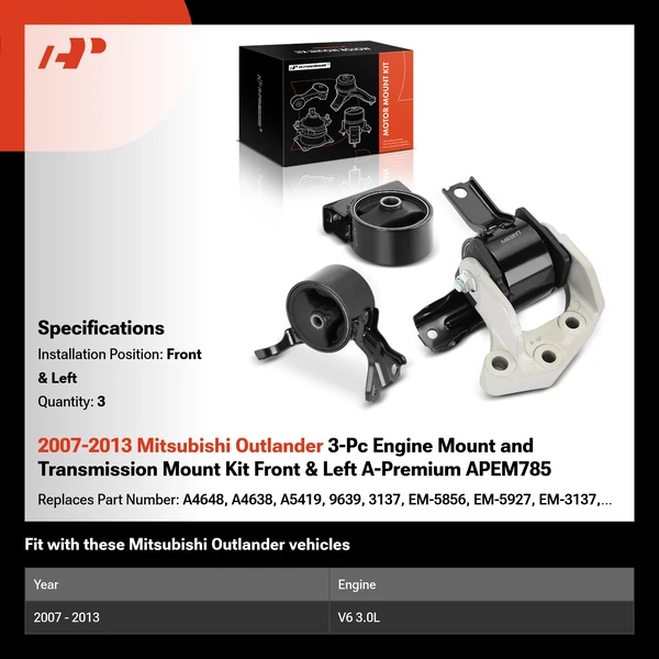 2007-2013 Mitsubishi Outlander 3-Pc Engine Mount and Transmission Mount Kit Front & Left A-Premium APEM785