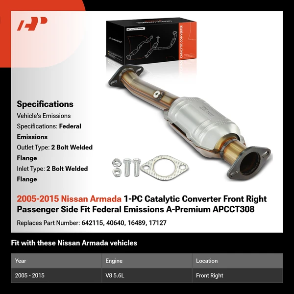 2005-2015 Nissan Armada 1-PC Catalytic Converter Front Right Passenger Side Fit Federal Emissions A-Premium APCCT308