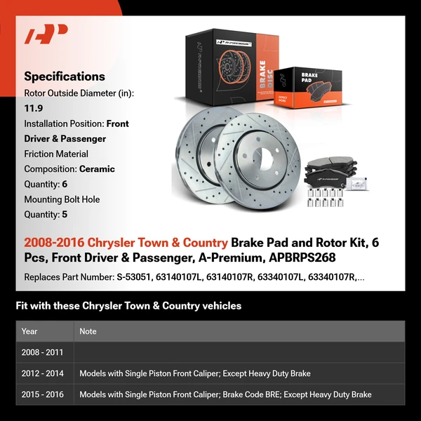 2008-2016 Chrysler Town & Country Brake Pad and Rotor Kit, 6 Pcs, Front Driver & Passenger, A-Premium, APBRPS268
