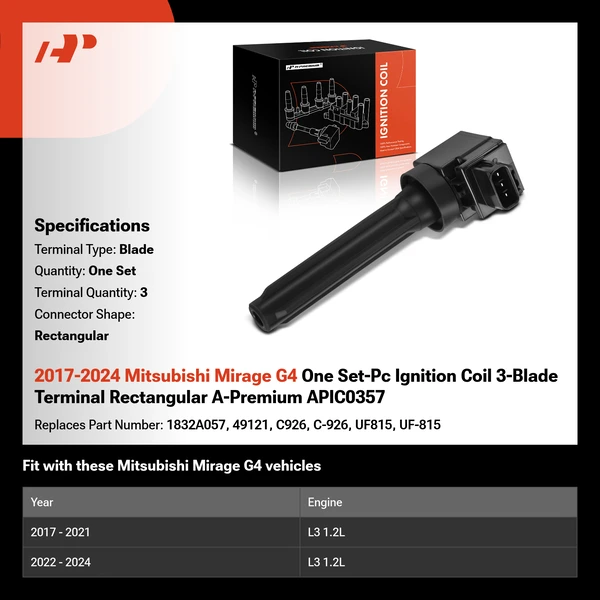 2017-2024 Mitsubishi Mirage G4 One Set-Pc Ignition Coil 3-Blade Terminal Rectangular A-Premium APIC0357
