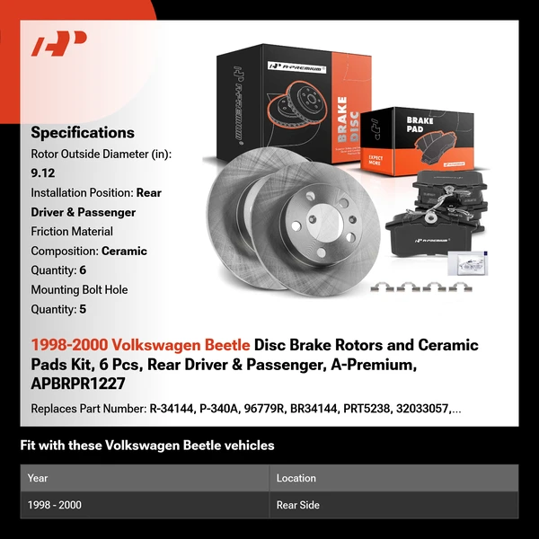 1998-2000 Volkswagen Beetle Disc Brake Rotors and Ceramic Pads Kit, 6 Pcs, Rear Driver & Passenger, A-Premium, APBRPR1227