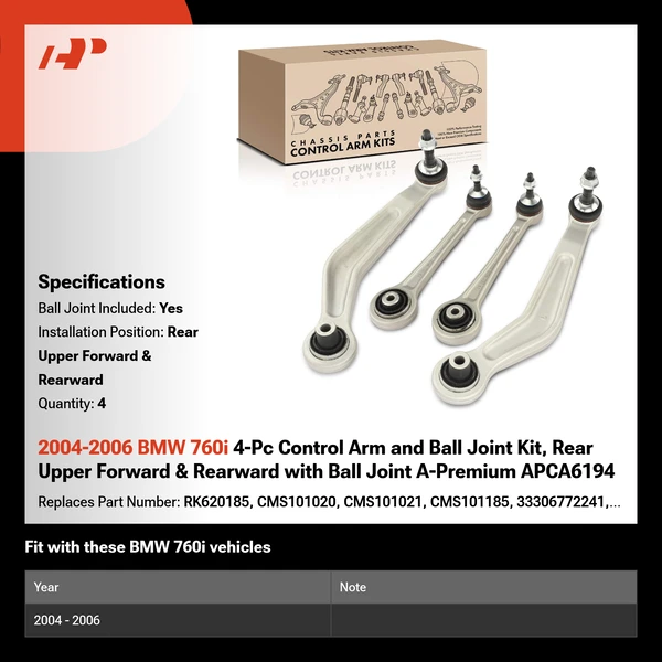2004-2006 BMW 760i 4-Pc Control Arm and Ball Joint Kit, Rear Upper Forward & Rearward with Ball Joint A-Premium APCA6194