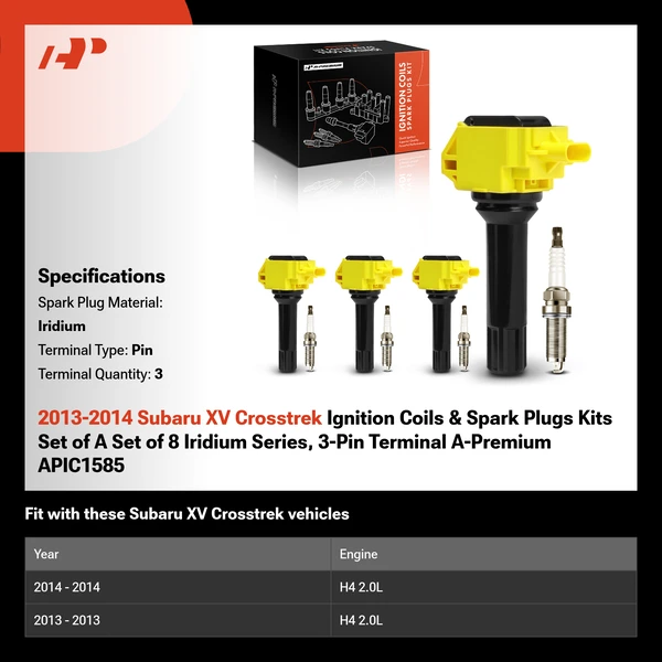 2013-2014 Subaru XV Crosstrek Ignition Coils & Spark Plugs Kits Set of A Set of 8 Iridium Series, 3-Pin Terminal A-Premium APIC1585