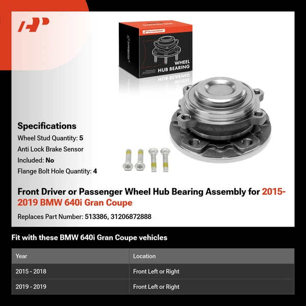 Front Driver or Passenger Wheel Hub Bearing Assembly for 2015-2019 BMW 640i Gran Coupe