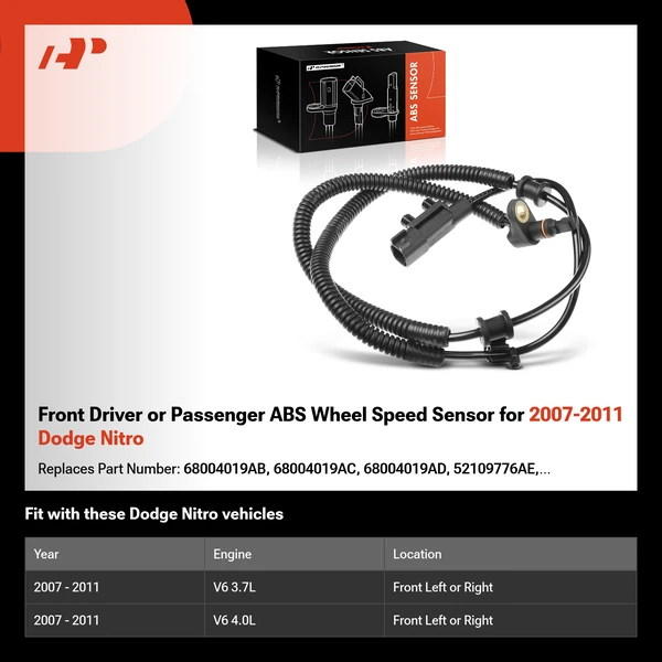 Front Driver or Passenger ABS Wheel Speed Sensor for 2007-2011 Dodge Nitro