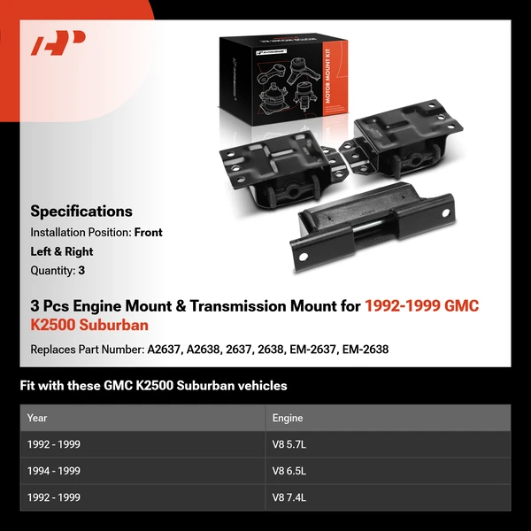 3 Pcs Engine Mount & Transmission Mount for 1992-1999 GMC K2500 Suburban