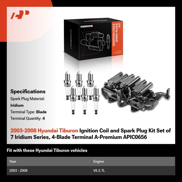 2003-2008 Hyundai Tiburon Ignition Coil and Spark Plug Kit Set of 7 Iridium Series, 4-Blade Terminal A-Premium APIC0656