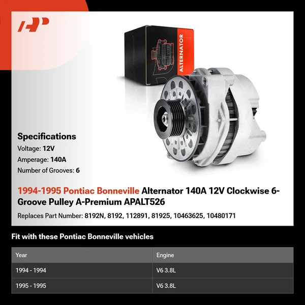1994-1995 Pontiac Bonneville Alternator 140A 12V Clockwise 6-Groove Pulley A-Premium APALT526