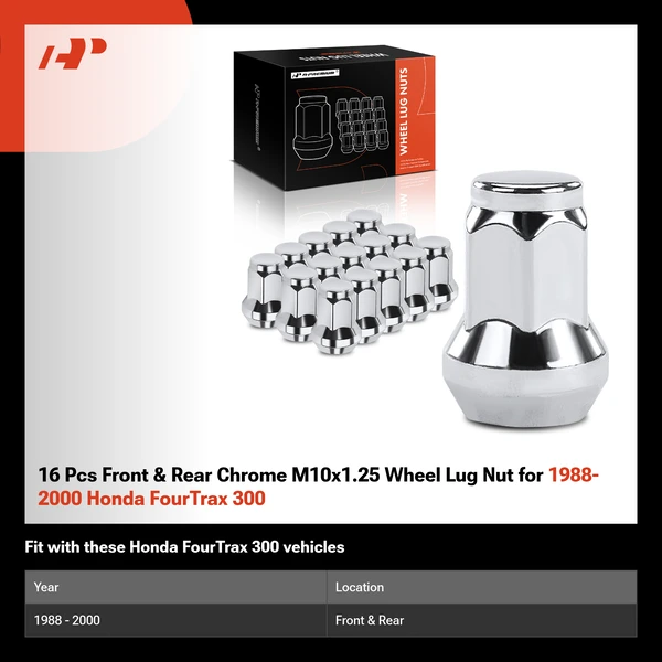 16 Pcs Front & Rear Chrome M10x1.25 Wheel Lug Nut for 1988-2000 Honda FourTrax 300