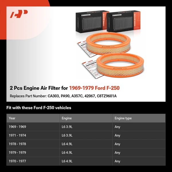 2 Pcs Engine Air Filter for 1969-1979 Ford F-250